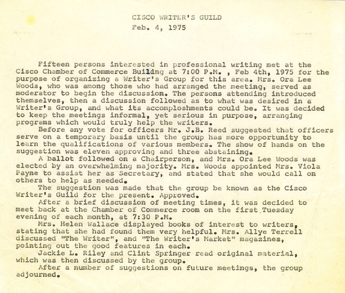 Image of typed up  minutes from first Cisco Writers Club meeting