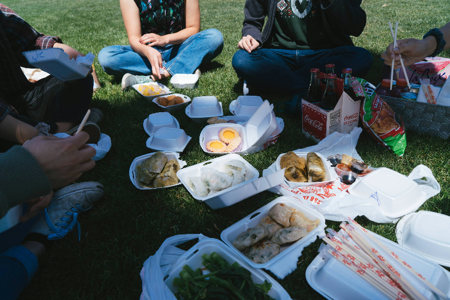Picture  of  people sitting on the grass at a picnic