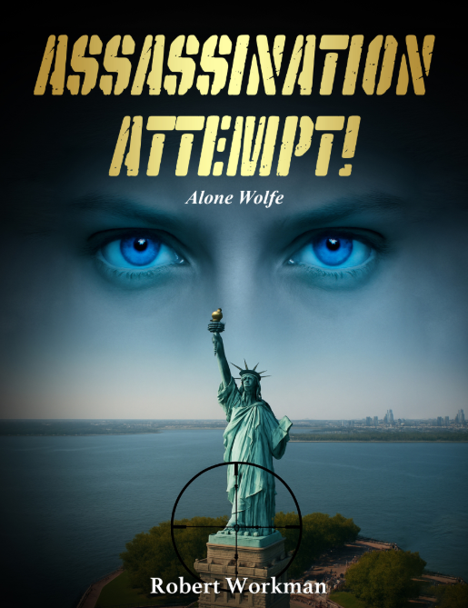 Image of book cover for Assassinatin Attempt! by Robert Workman showing the Statue of Liberty and hovering above, menacing blue eyes