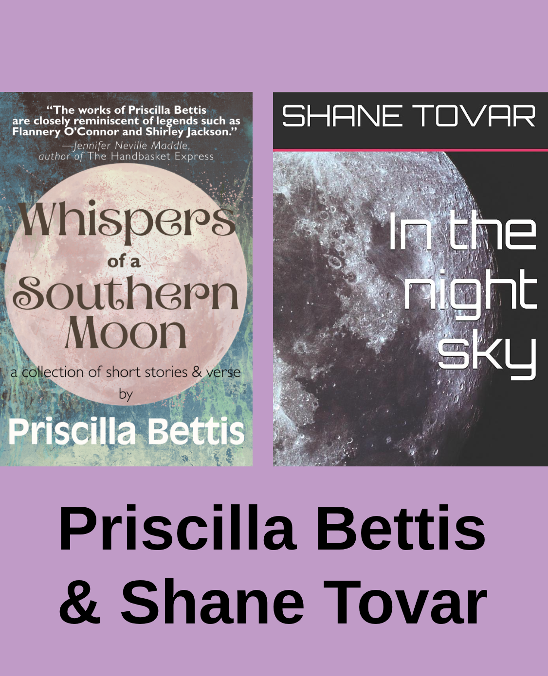 Images of Priscilla's and Shane's book covers, each featuring a moon picture
