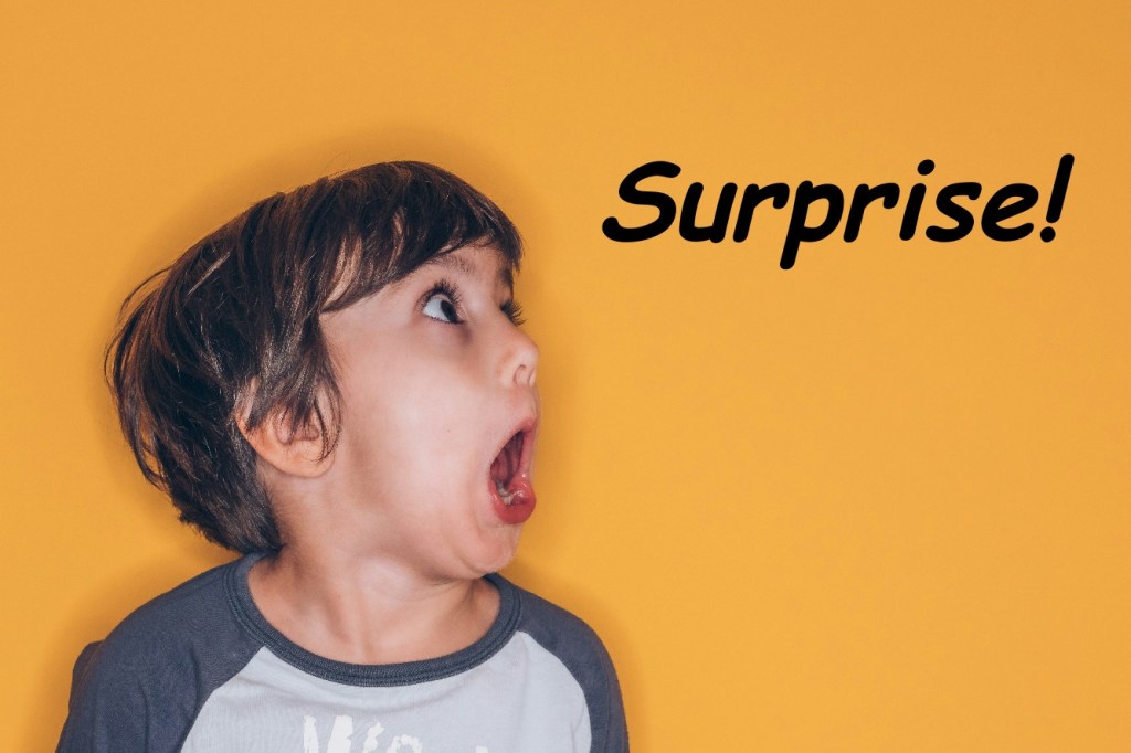 Picture of a little boy with a look of shock on his face, the word "surprise!" is written on the picture