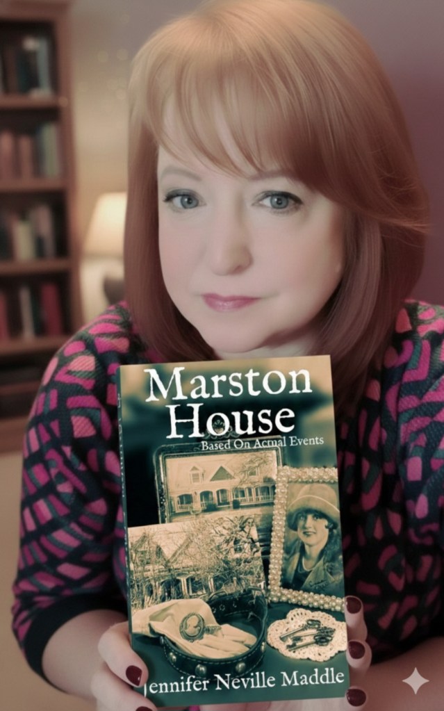 Picture of author Jennifer Neville Maddle holding her book Marston House